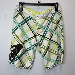 Vintage Y2K Roxy Board Shorts Womens Sz 5 White Blue Green Brown Plaid